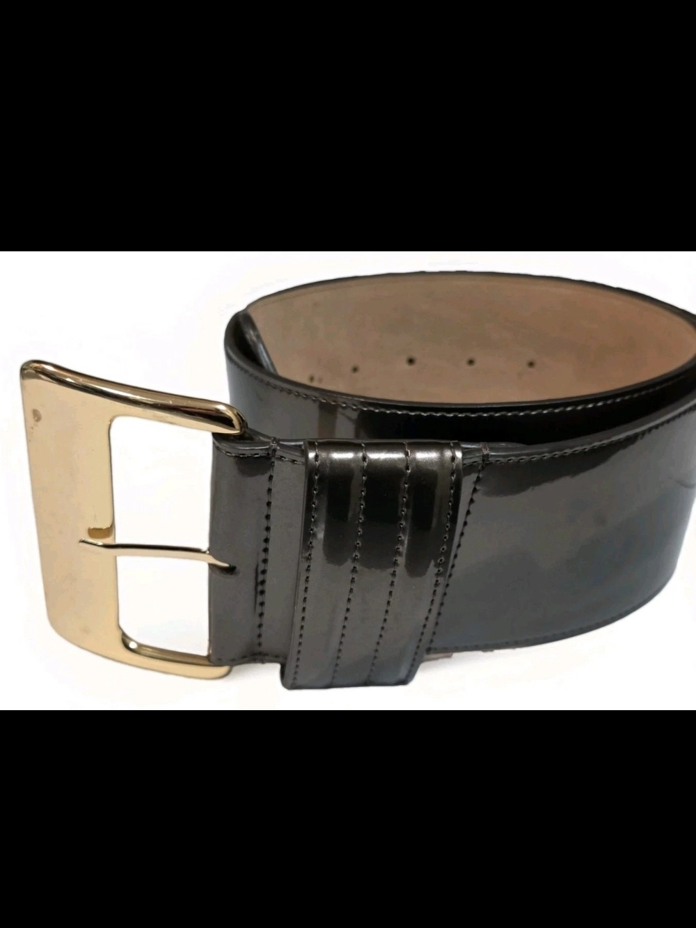 Ann Taylor Wide Patent Leather Belt Brown Gold Buckle Size XS 3" Statement Waist